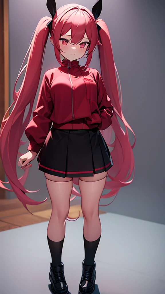 girl in a short skirt in knee-length stockings, red-pink hair,Twin Tail, full height, 3D wallpaper.