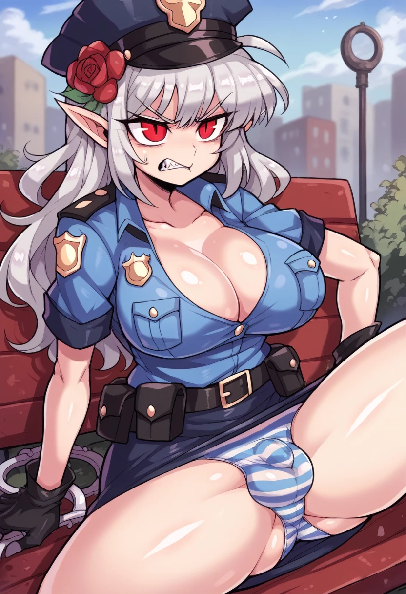 NSFW,((Perfect human body)),One girl, Red eyes, Wavy silver hair, Pointed Ears, vampire, Drooping eyes,Police uniform,Angry expression,Police hat,skirt,Mobile Task Force Equipment,Big Breasts,Hair Flowers,Urban area,Sit on a bench,whole body,Character portrait,捲れ上がるskirt,Striped panties,bulge in the crotch,A scene from the battle,Owns a revolver