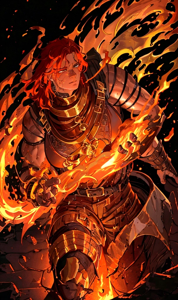 detailed golden forge, glowing molten metal, intense flames, muscular blacksmith, fire hair, sweat glistening, dynamic movement, intricate details, rich color palette, dramatic lighting, cinematic composition, award winning digital art, concept art, octane render, unreal engine, 8k, photorealistic