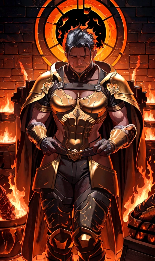detailed golden forge, glowing molten metal, intense flames, muscular blacksmith, fire hair, sweat glistening, dynamic movement, intricate details, rich color palette, dramatic lighting, cinematic composition, award winning digital art, concept art, octane render, unreal engine, 8k, photorealistic