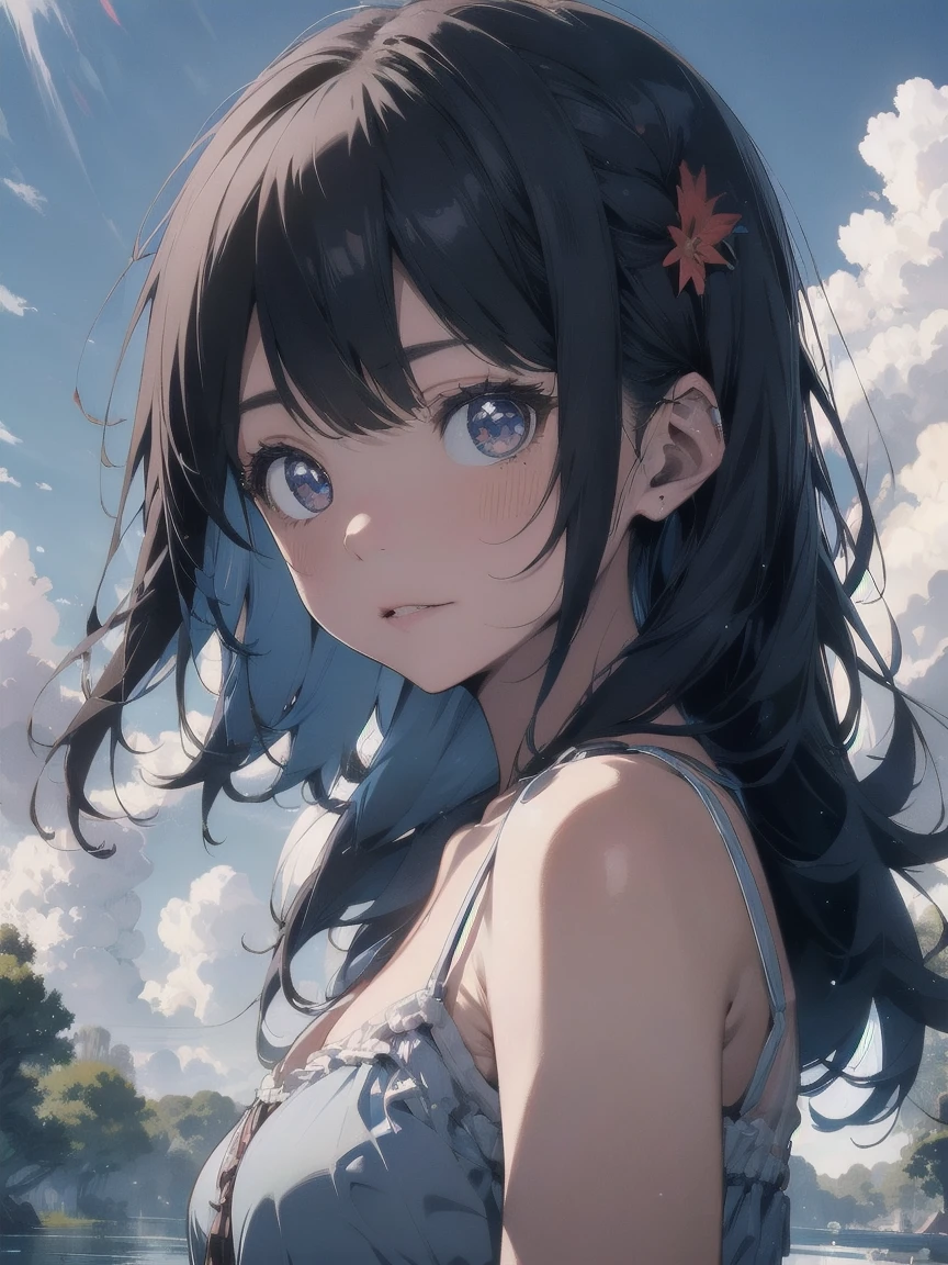 water, Wet, waterしぶき, liquid, sunny, Day, blue sky, cloud, nature, nature環境, (Character Focus:1.1), Sharp focus, Realistic, Very detailed, Super detailed, Highest quality, Highest quality, Realistic lighting, Super detailedな, Hyperrealism, Greg Rutkowski、Large Breasts、Cleavage、Bust Shot、camisole
