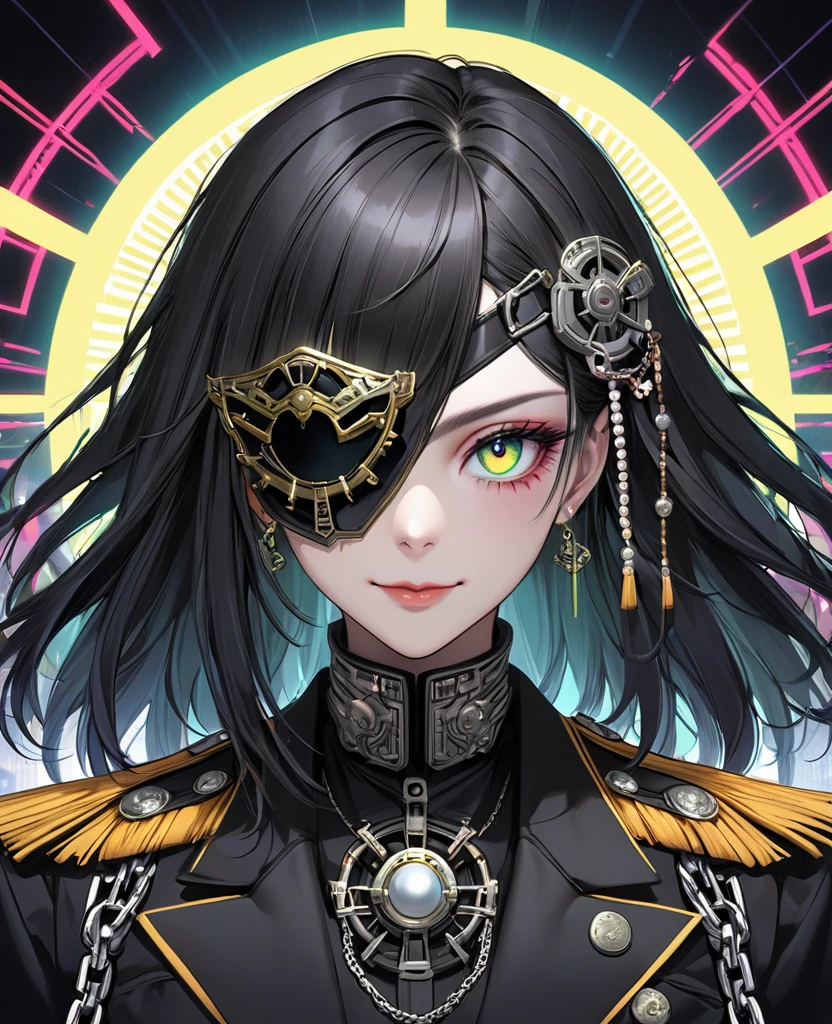 (Digital Illustration，Detailed anime style，Heavy Metal Cyberpunk，Pearl tassel eye mask，Portrait of girl wearing mask eye patch，Solitary，symmetry)，(Big colorful eyes，Fashionable and exquisite facial features，Exquisite makeup，Smooth skin，Smile，Soulful gaze，)，(Straight Hair，Hairpin)，(Black suit，Epaulettes-Chain，cool，)，(((Correct human anatomy)))，Radioactive geometric dynamic light wave background