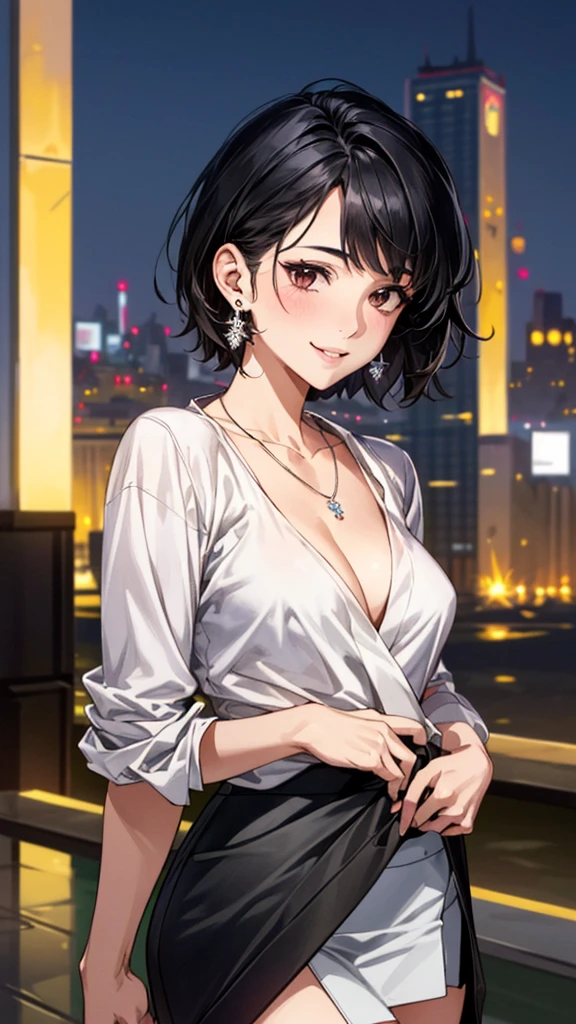 (masterpiece:1.3, Highest quality, Ultra-high resolution, Super detailed), (Realistic, photoRealistic:1.4), Beautiful illustrations, Perfect lighting, colorful, Depth of written boundary, 
Beautiful detailed hair, Beautifully detailed face, Beautiful fine details, Beautiful clavicle, Beautiful body, 美しいLarge Breasts, Beautiful thighs, Beautiful feet, Beautiful fingers, 
View Viewer、Front view:0.6, Beauty1人, Japanese, Beauty、30 years old, Perfect Face, (Perfect Anatomy, Anatomically correct), Cute and symmetrical face, , , Shiny skin, 
((shirt:1.4)), ((Wrap Around Skirt:1.4))、
(Black Hair, Short Hair:1.4),  Dark brown eyes, Droopy eyes、Large Breasts, Slim body, 
necklace, (Small earrings:1.3), 
(Beautiful views), (night), (city, cityscape in the distance), Are standing, A soft smile、(Smile, Lips parted), 