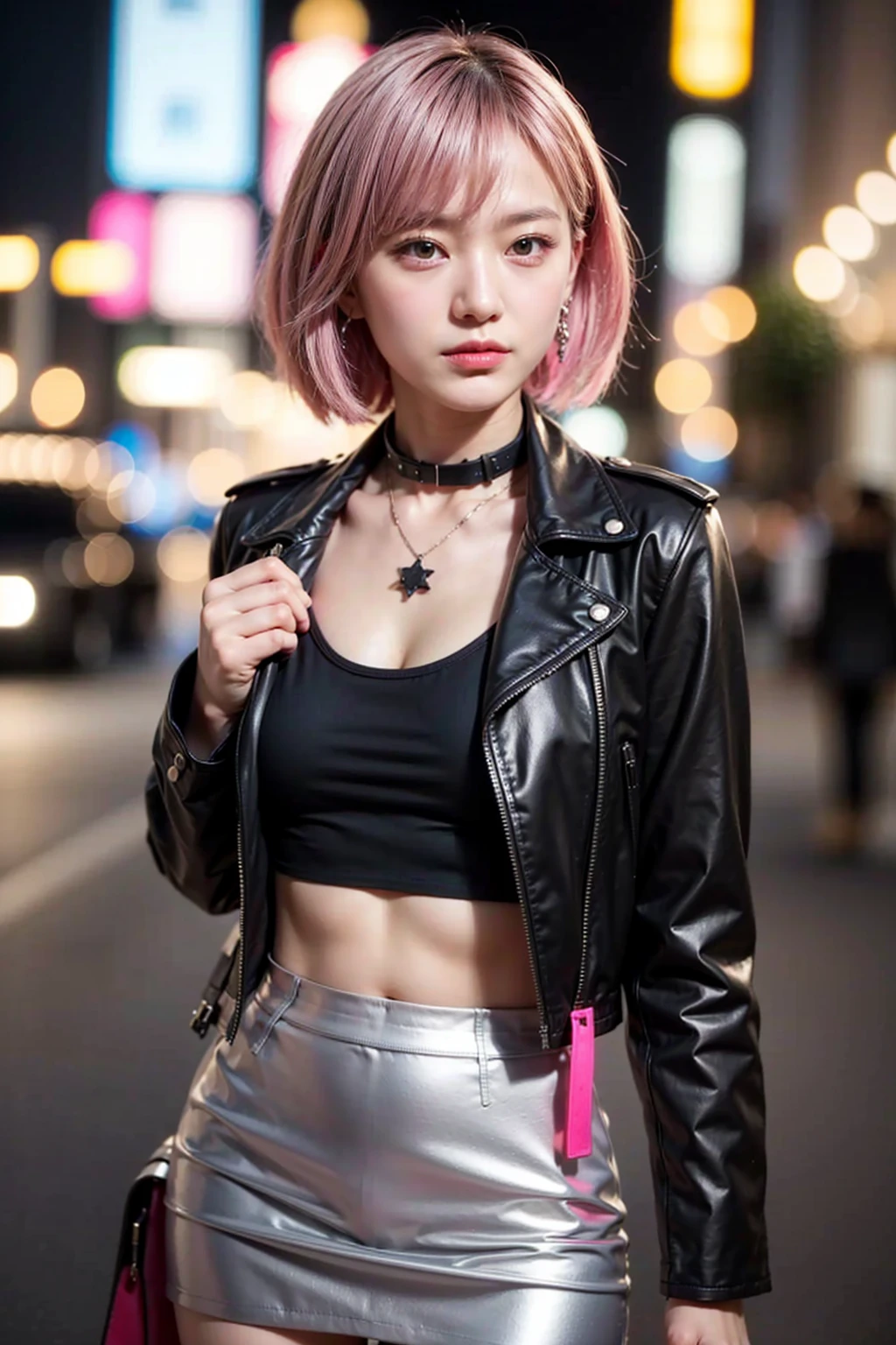 Dystopian night scene, very intricate details, Japanese woman wearing model-like armor, beautiful face, legs, cylinders that look like muscles, pose in motion, 8k, ultra high resolution, super realism, realistic photo, taken with Fuji film X-T30.+Nokton. HDR10