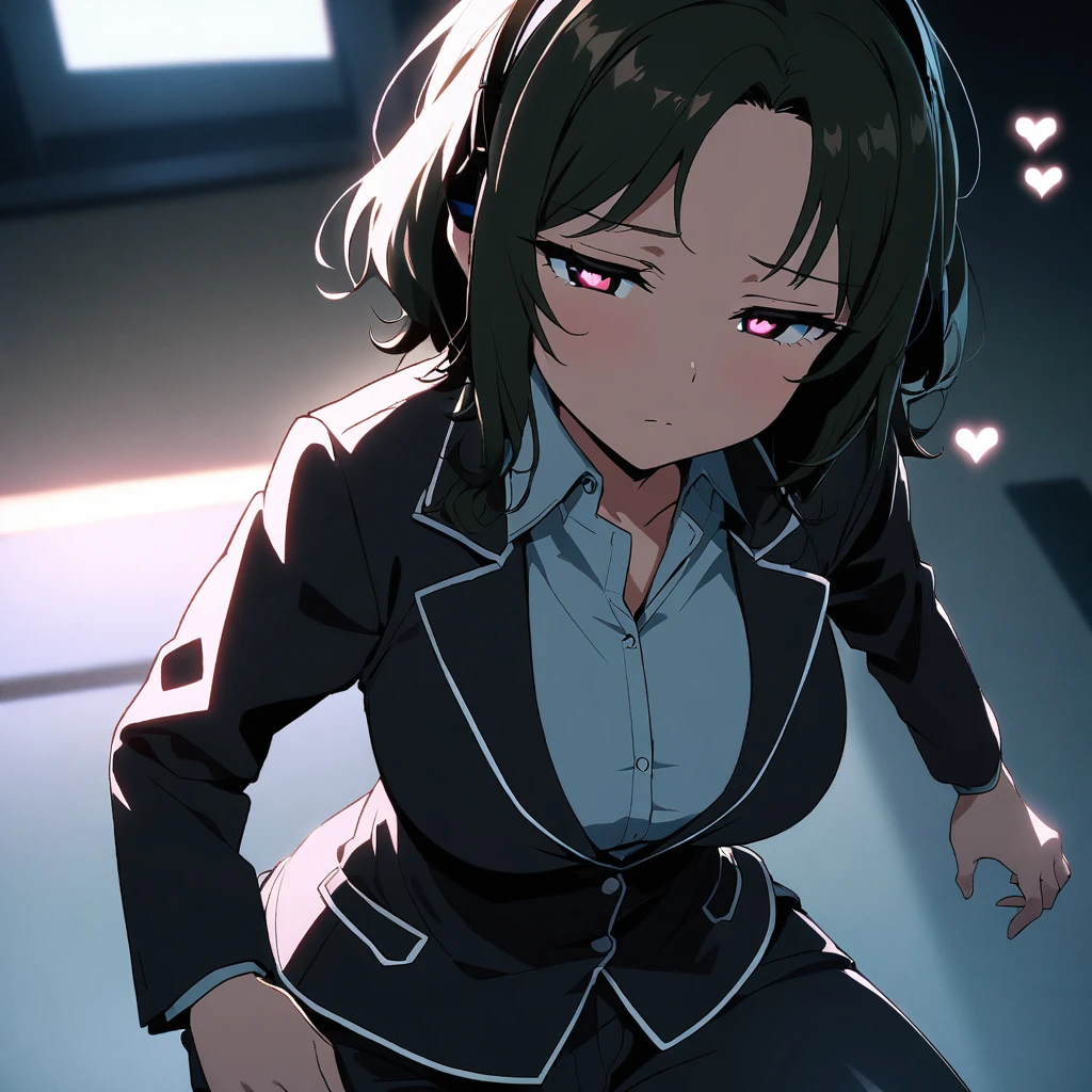 asuka(senran kagura), pov, suits, cool, 1girl, shiny skin, big breasts, cinematic lighting, heart-shaped pupils, white pupils, expressionless, :d, vr headset, {{{nipple_penetration}}}, expressionless,bored,half-closed eyes, action shot, heart shape particle, heart,