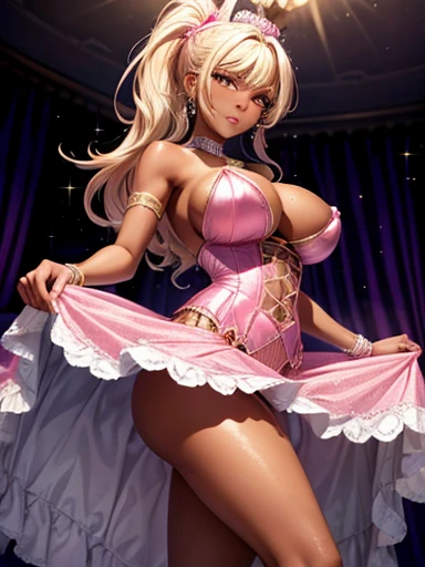 Dark skinned women+++++, Fine grain, Sparkling eyes, close, Pink Eyes, Fuller lips, +Thick lips, Big Breasts, Blonde, pink highlights, Earrings, Long Hair, Flat Stomach, Long eyelashes, Lip gloss, Grin, View your viewers, Dark Skin+++, nose Earrings, Dripping, Cleavage, Nipples are visible, skirt, String, 8k, One girl, pink Ballroom dress, Lace trim, ponytail, Dress Ribbons++, Pink High Heels, glitter dress+++ , Ballroom++ , corset , Dancing