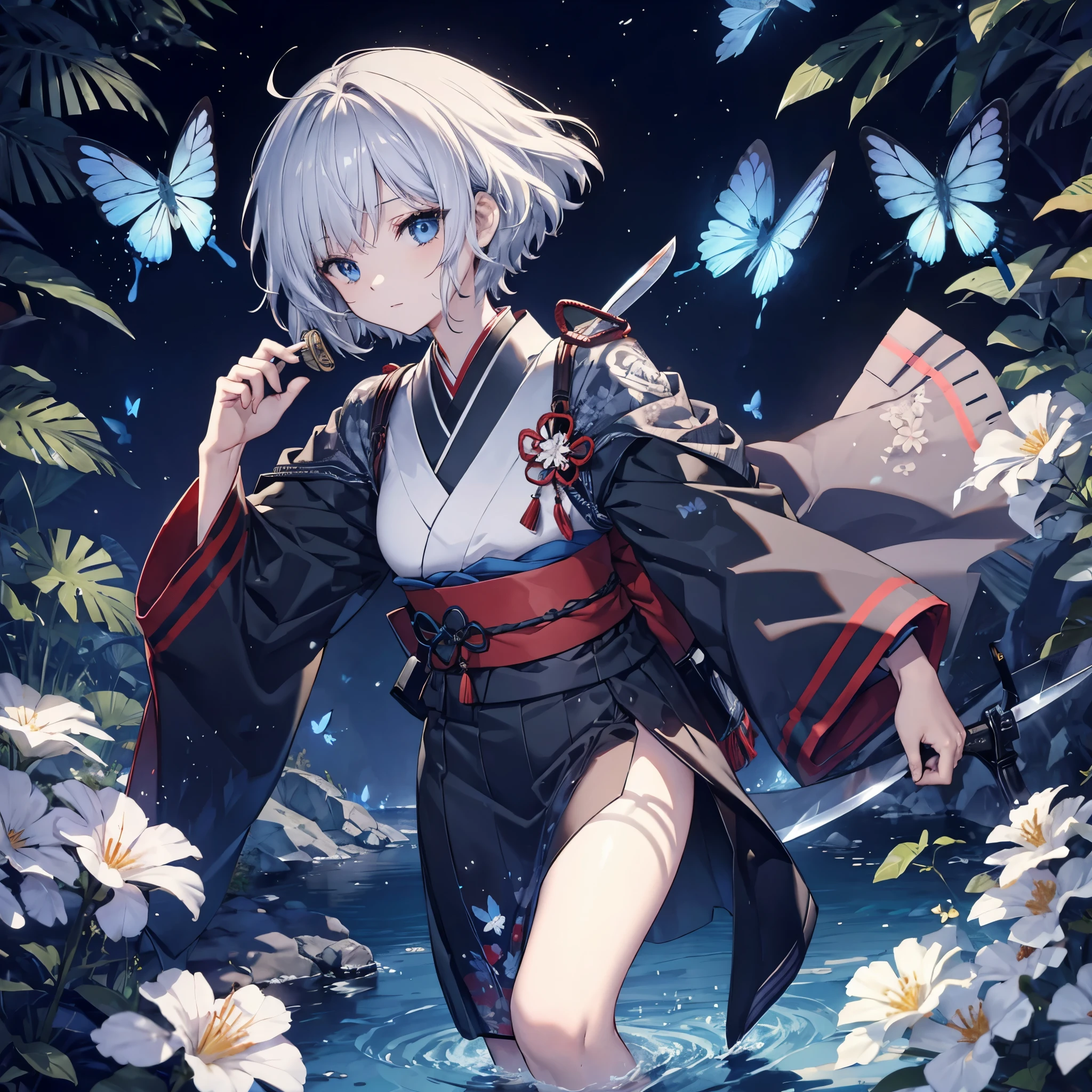 (((1 person))) ((High resolution Gray Hair short hair Black kimono Shoulder)) ((Black Band military commander Lonely despair blue eyes)) ((Blue Butterfly night Japanese style old Shining Aura garden water surface)) (dance 日本knife knife Slashing) moon star Draw your sword Slashing Catch the wind