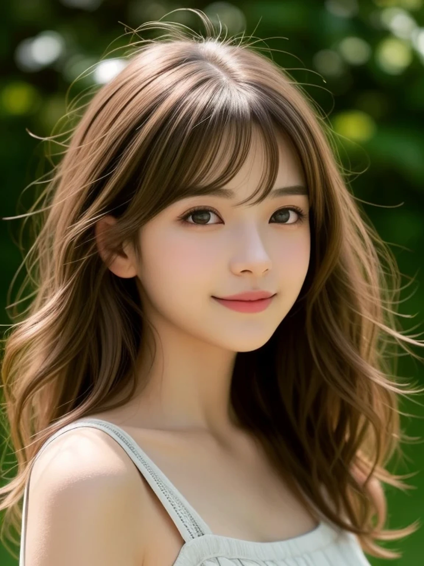 1 Japanese girl, (looking away:1.4), (upper body shot:1.2), Beautifully detailed eyeballs, catchlight in the eyes, Realistic digital painting of a woman portrait, Shy, Cute, happy smile, brown eyes, (Wavy medium Hair:1.1), (light brown brunette hair:1.3), (Highly detailed skin:1.2), Mystical style, Global Illumination,