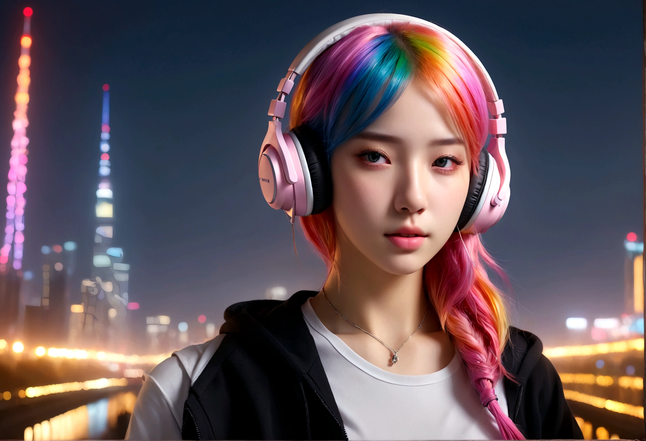 masterpiece, highest quality, beautifully (One girl), Very detailed,colorful, Most detailed、Pink rainbow hair, headphones on, night time