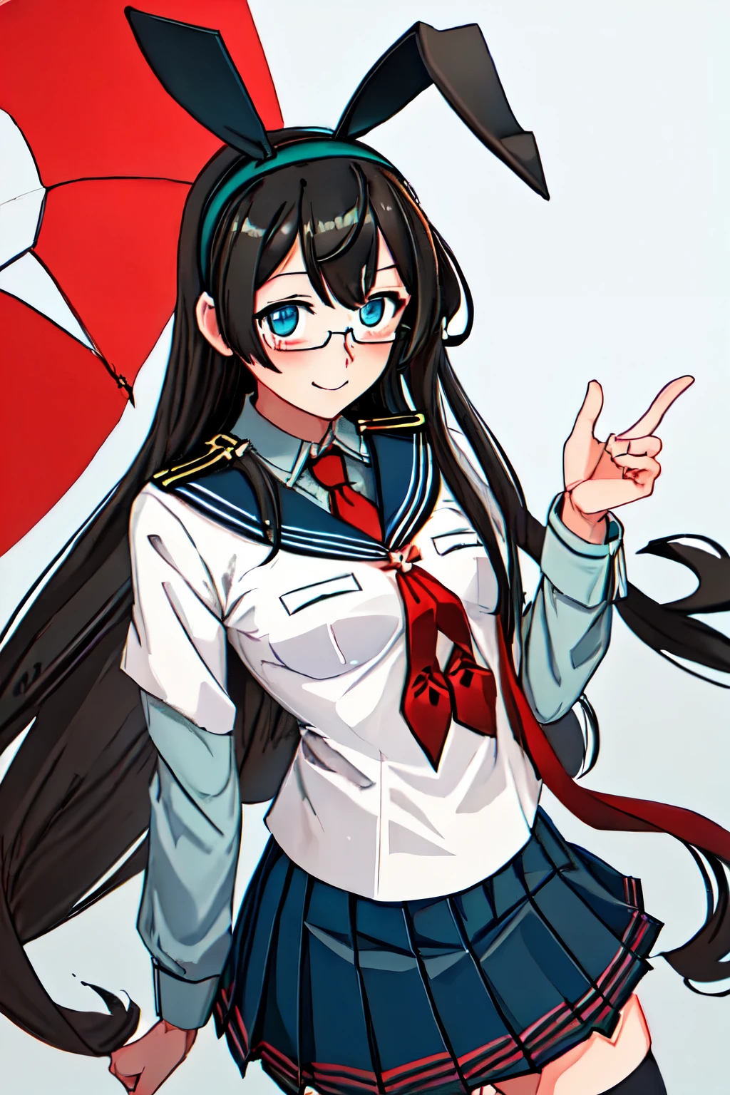 best quality, masterpiece, highres, solo, {ooyodo_kantaicollection:1.15}, black_hair, long_hair, glasses, hairband, semi-rimless_eyewear, under-rim_eyewear, blue_eyes, green_eyes, blush,small_breasts, 1girl, school_uniform, serafuku, pleats_skirt, looking_at_viewer, necktie, old_school_background, red_necktie,angry,smile,