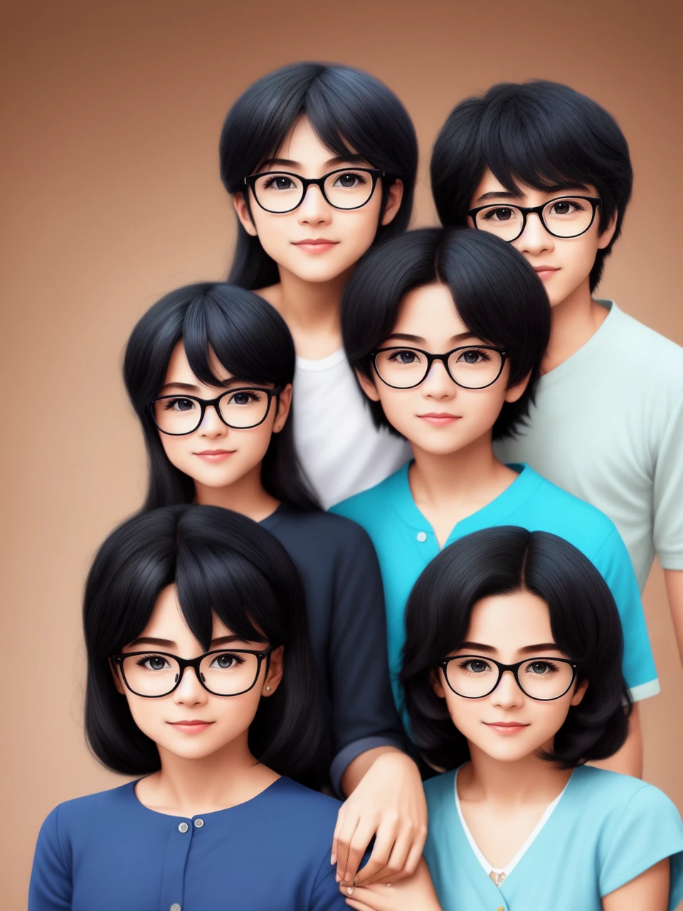 Disney style. Mother and son. The mother is a 45-year-old woman in a discreet blue dress, with glasses, black hair on her shoulders. The son has long hair, round glasses, is 185 cm, wears a black shirt and jeans. Coco movie.