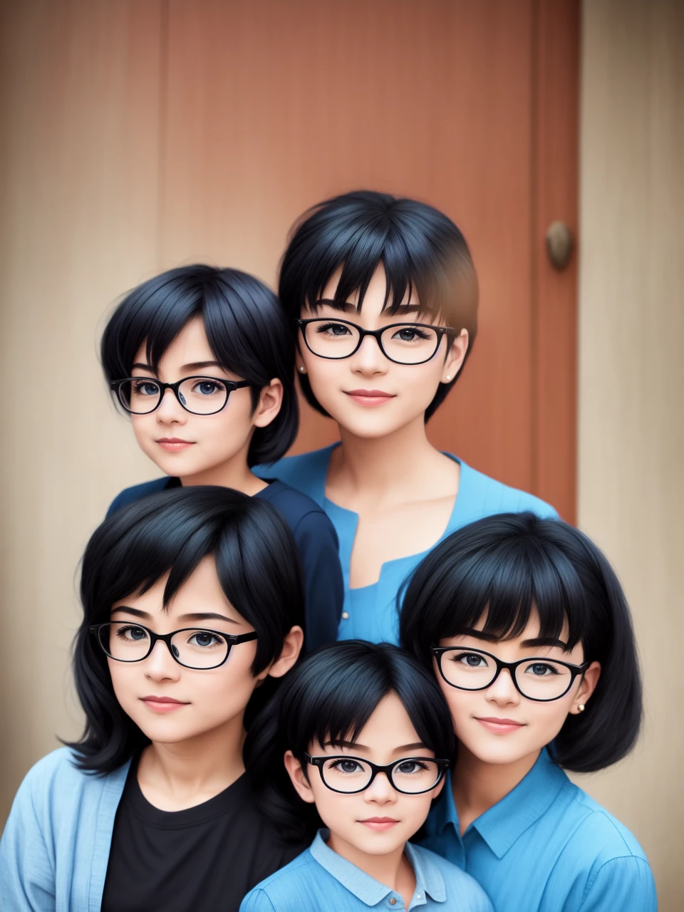 Disney style. Mother and son. The mother is a 45-year-old woman in a discreet blue dress, with glasses, black hair on her shoulders. The son has long hair, round glasses, is 185 cm, wears a black shirt and jeans. Coco movie.