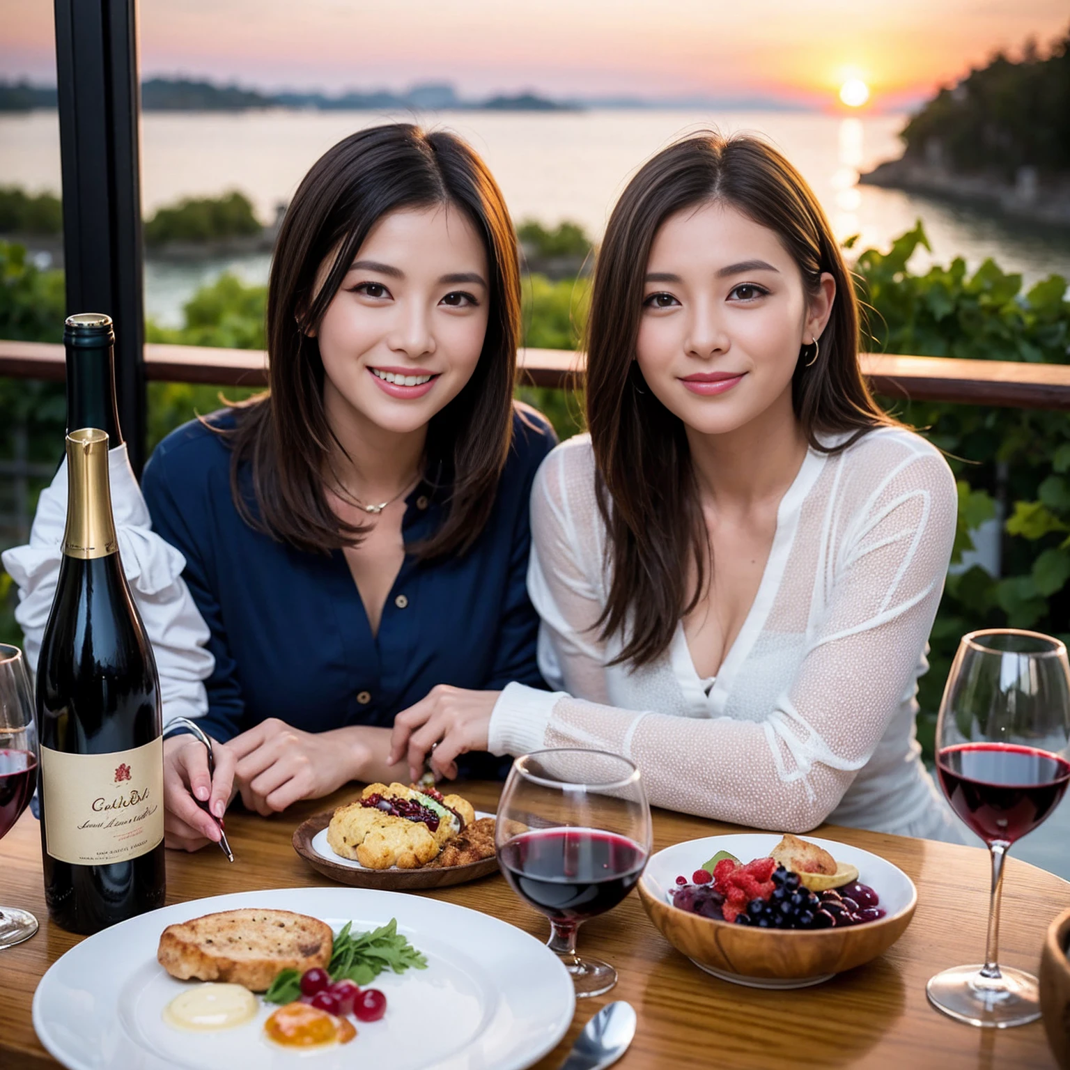 ((Highest quality、8k、masterpiece:1.3))、 (Genuineistic, Genuine、Bright image、Intricate details:1.2), 最高のsmile、1 male 1 female、美しいCouple、Lovers、Relatives and friends、actress Couple、Couple、モデルCouple、smile、A full-course dinner with a full table、テーブルにwine glass、 (Slim face), (the body is slim), (Brown Hair), (short hair), Please shine a light on my face、 Amazing view of the sunset sky and clouds、 (Age 44 years old), 38 years old, red wine 、Appetizers、Wine bottle、sparkling wine、Long sleeve shirt、dress、White wine, red wine, wine glass,