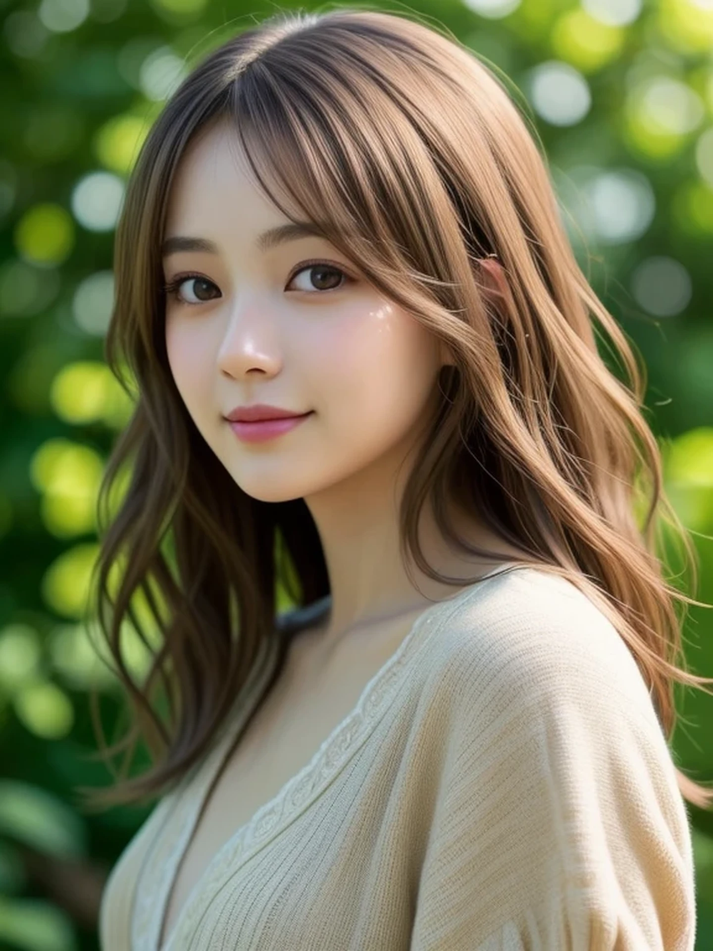 1 Japanese girl, (looking away:1.4), (upper body shot:1.2), Beautifully detailed eyeballs, catchlight in the eyes, Realistic digital painting of a woman portrait, Shy, Cute, happy smile, brown eyes, (Wavy medium Hair:1.1), (light brown brunette hair:1.3), (Highly detailed skin:1.2), Mystical style, Global Illumination,