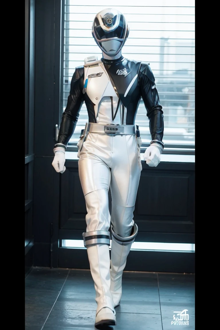 1boy, white, full body, Illustration, cinematic light, high resolution, best quality, ultra detailed, masterpiece, power suit, powerranger, suit, spd, (white ranger suit))