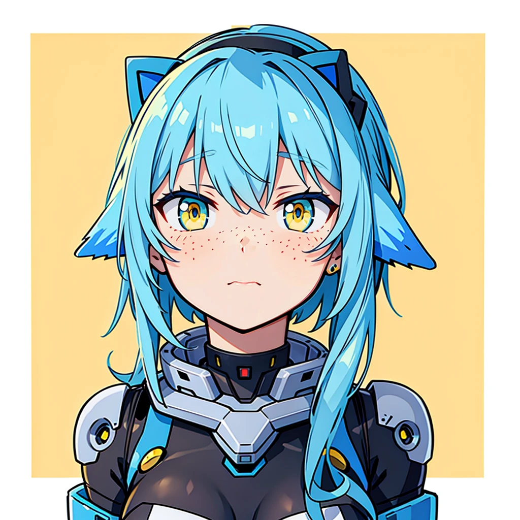 cyborg anime girl, robot ears, blue and yellow eyes, freckles, tsundere