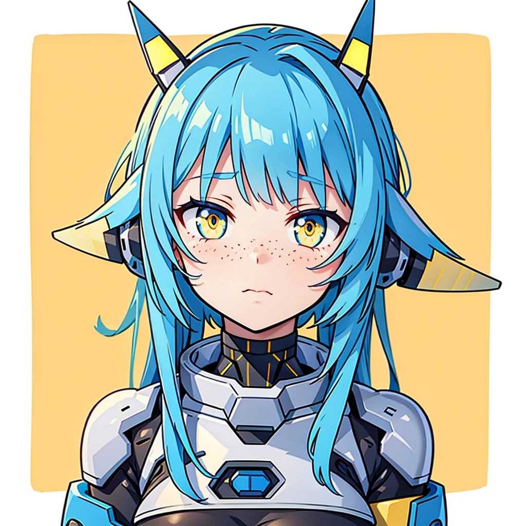 cyborg anime girl, robot ears, blue and yellow eyes, freckles, tsundere