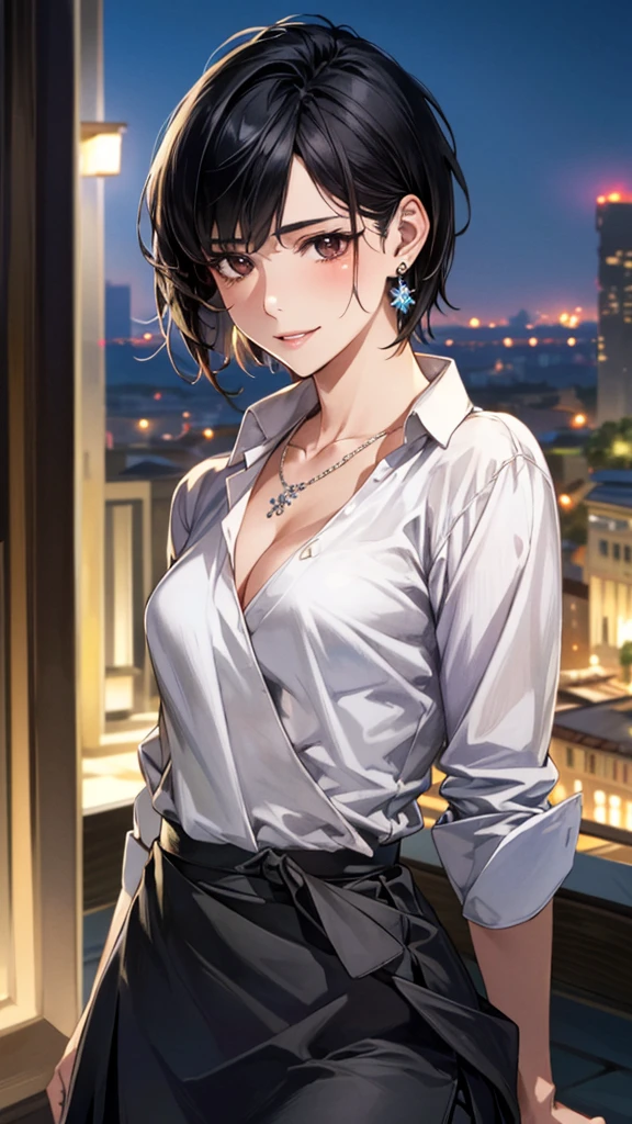 (masterpiece:1.3, Highest quality, Ultra-high resolution, Super detailed), (Realistic, photoRealistic:1.4), Beautiful illustrations, Perfect lighting, colorful, Depth of written boundary,
Beautiful detailed hair, Beautifully detailed face, Beautiful fine details, Beautiful clavicle, Beautiful body, 美しいLarge Breasts, Beautiful thighs, Beautiful feet, Beautiful fingers,
View Viewer、Front view:0.6, Beauty1人, Japanese, Beauty、30 years old, Perfect Face, (Perfect Anatomy, Anatomically correct), Cute and symmetrical face, , , Shiny skin,
((shirt:1.4)), ((Wrap Around Skirt:1.3))、
(Black Hair, Short Hair:1.4), Dark brown eyes, Droopy eyes、Large Breasts, Slim body,
necklace, (Small earrings:1.3),
(Beautiful views), (night), (city, cityscape in the distance), Are standing, A soft smile、(Smile, Lips parted),