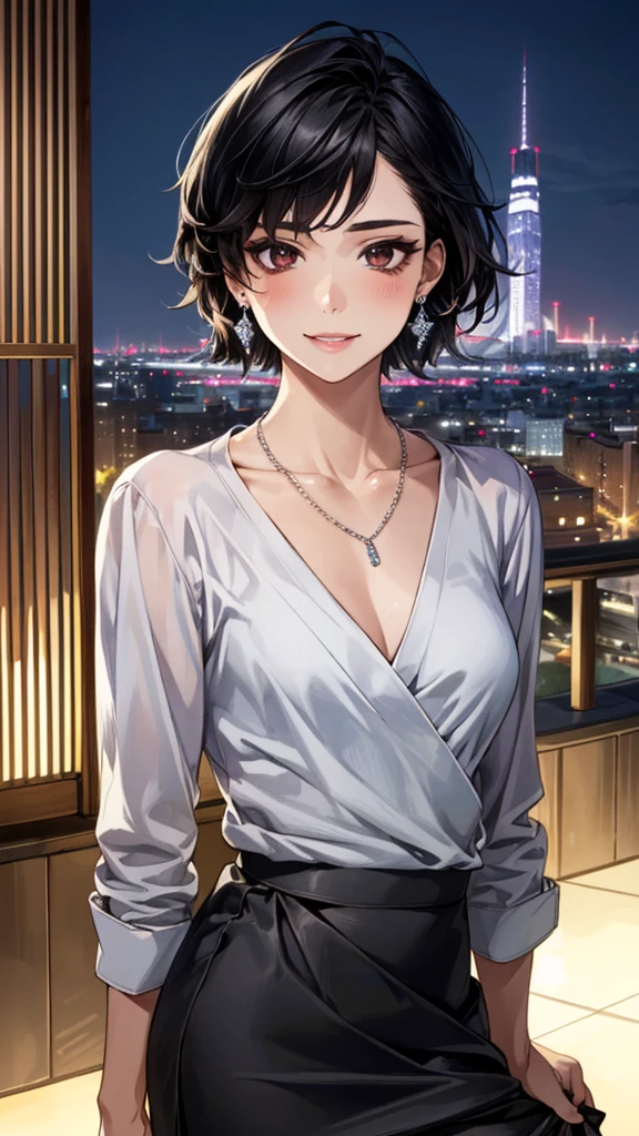 (masterpiece:1.3, Highest quality, Ultra-high resolution, Super detailed), (Realistic, photoRealistic:1.4), Beautiful illustrations, Perfect lighting, colorful, Depth of written boundary, Beautiful detailed hair, Beautifully detailed face, Beautiful fine details, Droopy eyes、Beautiful clavicle, Beautiful body, 美しいLarge Breasts, Beautiful thighs, Beautiful feet, Beautiful fingers, View Viewer、Front view:0.6, Beauty1人, Japanese, Beauty、30 years old, Perfect Face, (Perfect Anatomy, Anatomically correct), Cute and symmetrical face, Baby Face, , Shiny skin, (with thin belt、Beige long sleeve knit A-line dress:1.4) (Dark brown hair, Short Hair:1.4), Dark brown eyes, Large Breasts, Slim body, necklace, Small earrings:1.1, (Beautiful views), (night), (city, cityscape in the distance), Riverside、Are standing, A soft smile、(Smile, Lips parted),