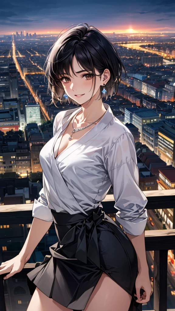 (masterpiece:1.3, Highest quality, Ultra-high resolution, Super detailed), (Realistic, photoRealistic:1.4), Beautiful illustrations, Perfect lighting, colorful, Depth of written boundary, 
Beautiful detailed hair, Beautifully detailed face, Beautiful fine details, Beautiful clavicle, Beautiful body, 美しいLarge Breasts, Beautiful thighs, Beautiful feet, Beautiful fingers, 
View Viewer、Front view:0.6, Beauty1人, Japanese, Beauty、30 years old, Perfect Face, (Perfect Anatomy, Anatomically correct), Cute and symmetrical face, Baby Face, , Shiny skin, 
((shirt:1.4)), ((Wrap Around Skirt:1.3))、
(Black Hair, Short Hair:1.4),  Dark brown eyes, Droopy eyes、Large Breasts, Slim body, 
necklace, (Small earrings:1.3), 
(Beautiful views), (night), (city, cityscape in the distance), Are standing, A soft smile、(Smile, Lips parted), 