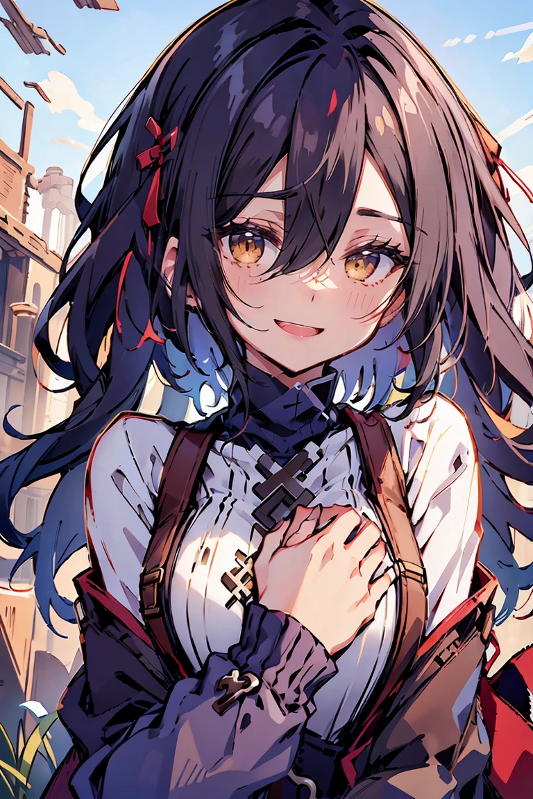(masterpiece:1.2), (high quality:1.2), (hui xiyi:0.75), rekkyo sensen, rekkyou sensen, girls with((black hair, (tits cleavage:1.1), (waving is hands:1.2), (breasts close up:1.2), (suspenders:1.2), (dress:0.65), (blue clothes:1.2), (belts:0.7), (camisoles:1,15), (frills shirt:1.1), (white knit sweater:1.2), camisole, exposed breasts, straps, (turtleneck clothes:1.1), (cross:1.2), upper body, (long wavy hair:1.2), (one side up:1.2), nun, long sleeves, (perfect hands, perfect fingers:1))), background with((fantasy world, ruin, castle, beautiful sky, shining sky, sunshine))