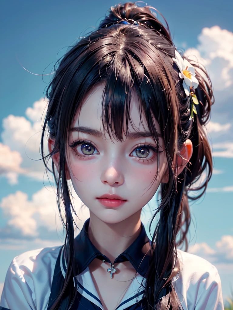 One Girl,(1人のとてもcute女の子:1.3),masterpiece,Highest quality,High resolution,Photorealistic,RAW Photos,Ray Tracing,beautiful girl,(15 years old:1.3),cute,Big eyes,(detailed pupils:1.2),(The face is facing straight ahead:1.3),Body facing forward,Beautiful nose,Fuller lips,Short black hair,ponytail,short hair,Detailed eyelashes,Thin eyebrows,Very fine grain definition,(Symmetrical eyes:1.3),(Face close-up,Face Focus:1.0),Small breasts,White and navy blue sailor suit,uniform,grassland,Blue sky and white clouds,Portrait,View Viewer,From below,Cinema Lighting,High resolution,Very detailed