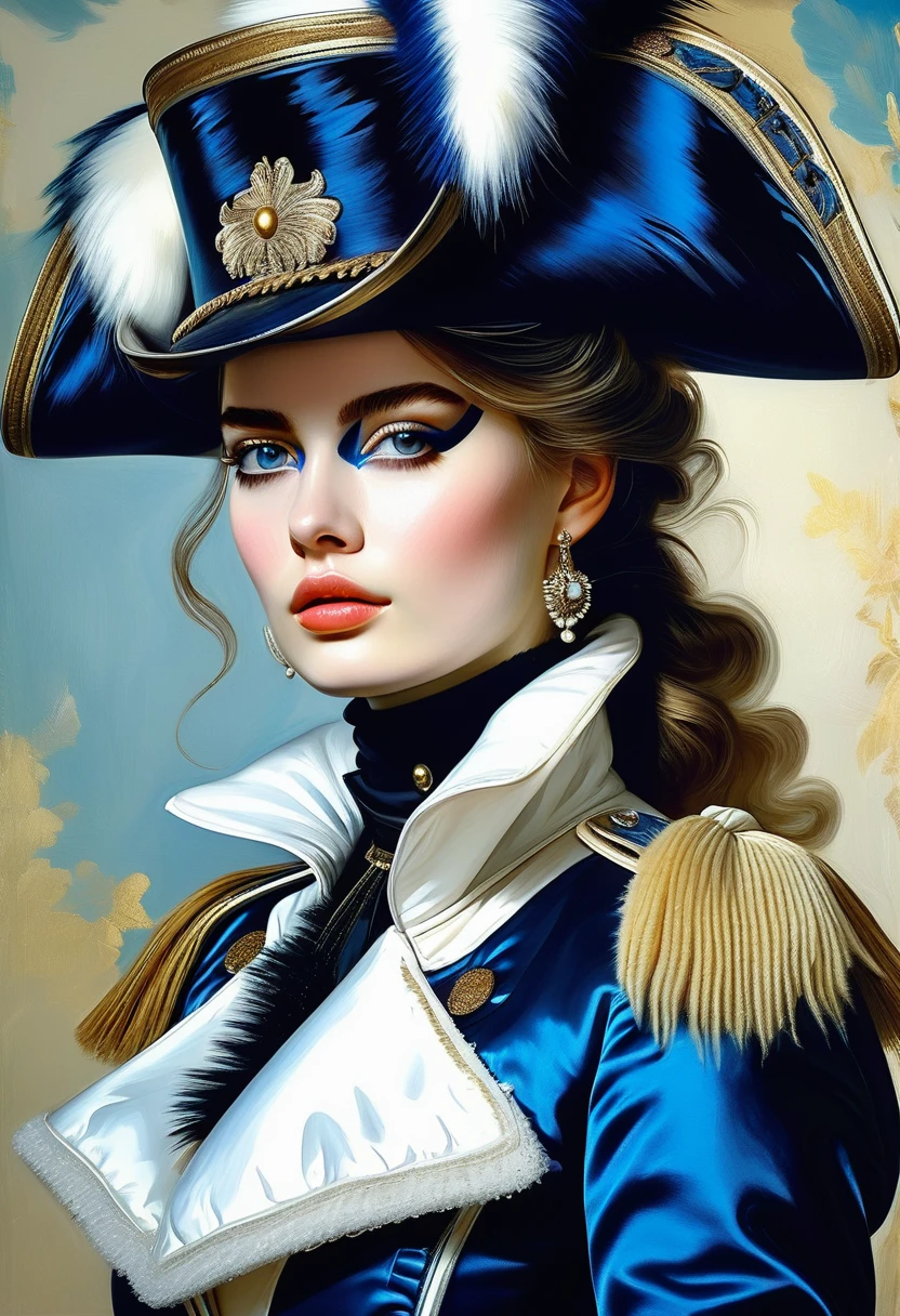 ((an attractive girl with an eye patch)) in a blue fur hussar jacket on her shoulder, white satin loose leggings, pantaleer, dolman, boots, 19 century,
((Edouard Manet style)),((painting)), two-color lighting, Scuff gradient, Complex details, intricate, aesthetics, ((best quality, Masterpiece)),
((Highest detail)), Octane render, hd, f/2.8, 8K