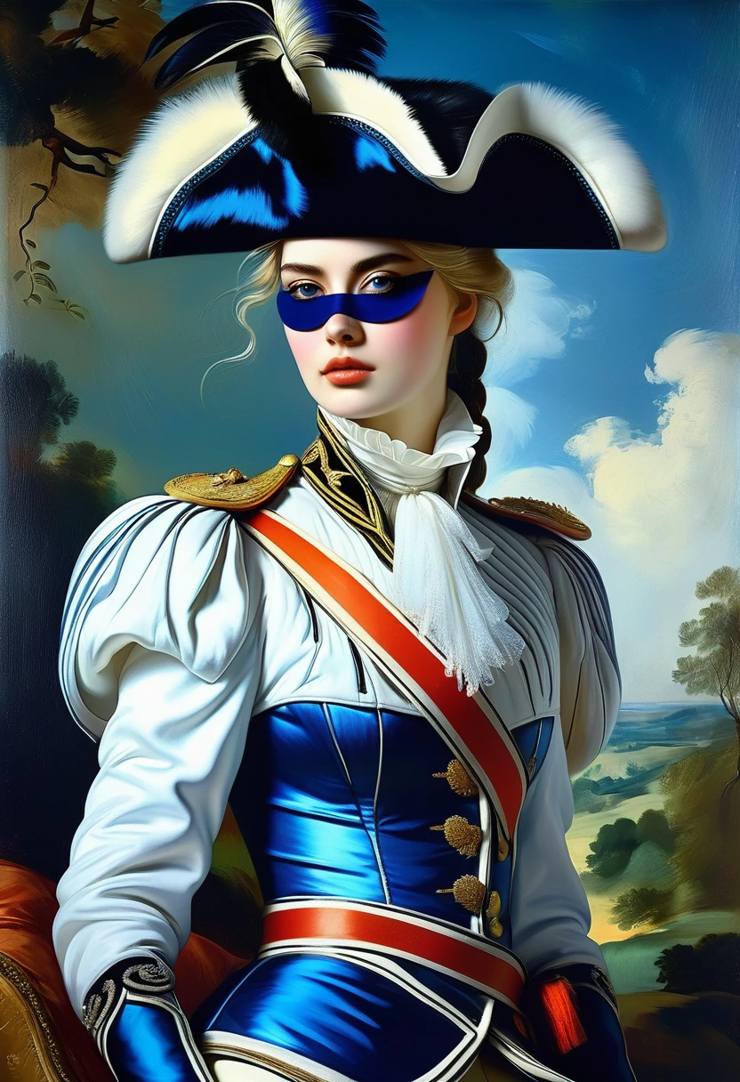 ((an attractive girl with an eye patch)) in a blue fur hussar jacket on her shoulder, white satin loose leggings, pantaleer, dolman, boots, 19 century,
((Edouard Manet style)),((painting)), two-color lighting, Scuff gradient, Complex details, intricate, aesthetics, ((best quality, Masterpiece)),
((Highest detail)), Octane render, hd, f/2.8, 8K