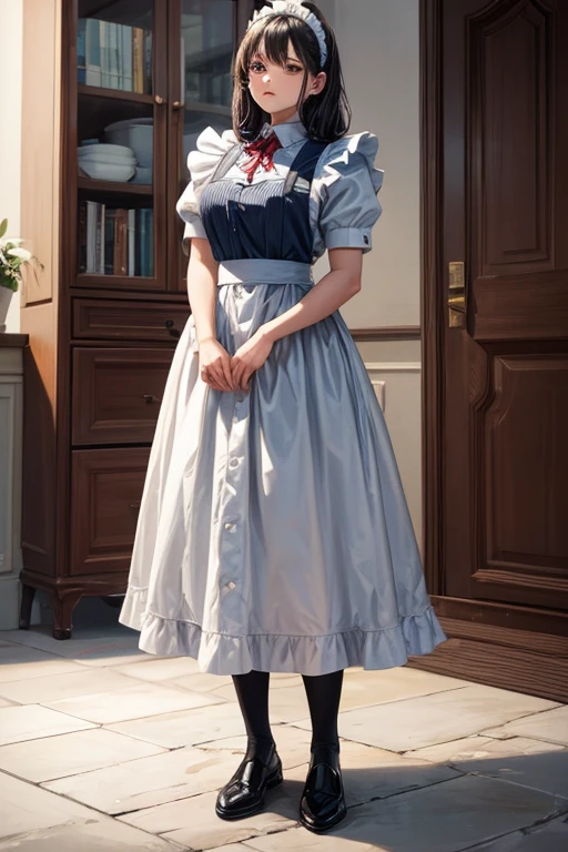 A woman is standing on the floor wearing a maid's uniform, alone, panties, underwear, skirt, lacy pink panties, Luxuriously designed and brightly colored panties, Black and pink lace, Drawing pants with extreme precision, side-tie panties, satin panties, Lie in, Knee socks, garter belt, skirt lift, show off panties, Realistic