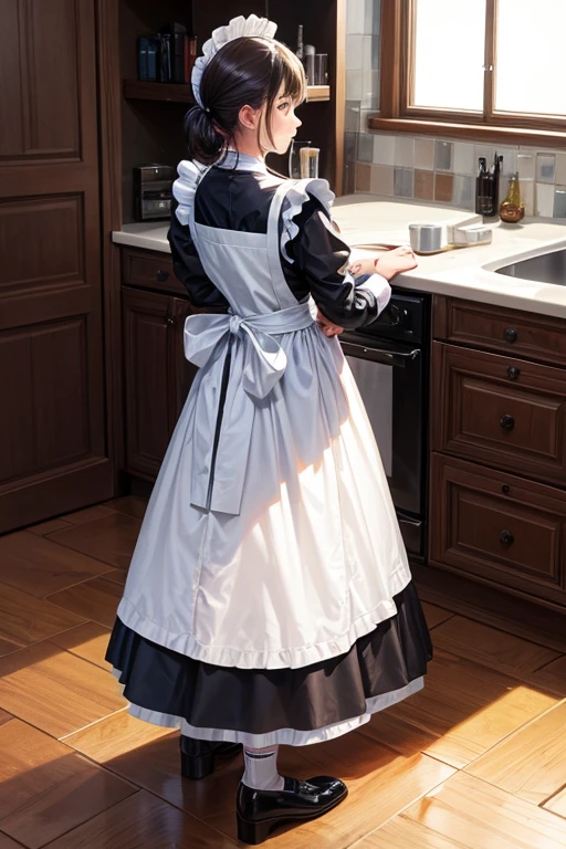 A woman is standing on the floor wearing a maid's uniform, alone, , underwear, skirt, lacy pink pantiesiously designed and brightly colored panties, Blacknk lace, Drawing pants with extreme precision, side-tie panties, satin pantiein, Knee socks, belt, skirt lift, show off panties, Realistic