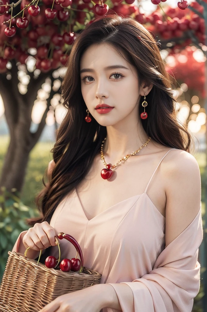 (((best quality))),(((ultra detailed))),(((masterpiece))),illustration,1 beautiful girl,solo,earrings,necklace,medium straight hair,slim,flat chest,red dress,summer,(cherry orchard full of red cherries:1.3),sunlight,dappled light,fair skin,smile,(ripest cherries on the trees:1.3),red lips,chirping birds,soft rustle,peaceful,summer breeze,blush face,hair fluttering,sweet nectar,joy,setting sun,radiant hue,beauty grace,sweetness,basket