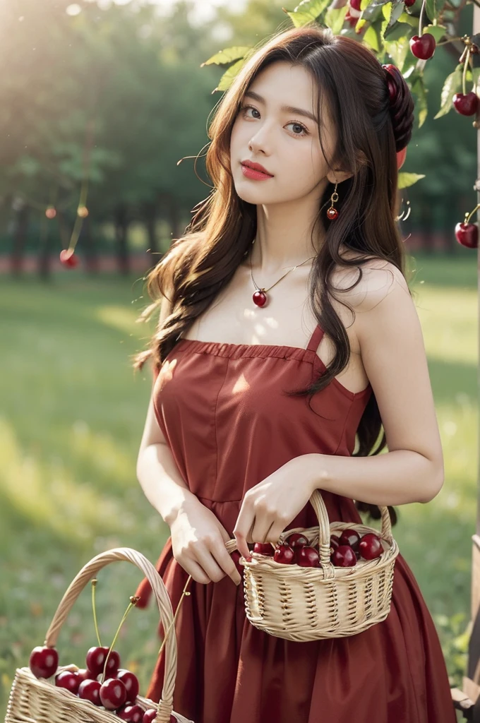 (((best quality))),(((ultra detailed))),(((masterpiece))),illustration,1 beautiful girl,solo,earrings,necklace,medium straight hair,slim,flat chest,red dress,summer,(cherry orchard full of red cherries:1.3),sunlight,dappled light,fair skin,smile,(ripest cherries on the trees:1.3),red lips,chirping birds,soft rustle,peaceful,summer breeze,blush face,hair fluttering,sweet nectar,joy,setting sun,radiant hue,beauty grace,sweetness,basket