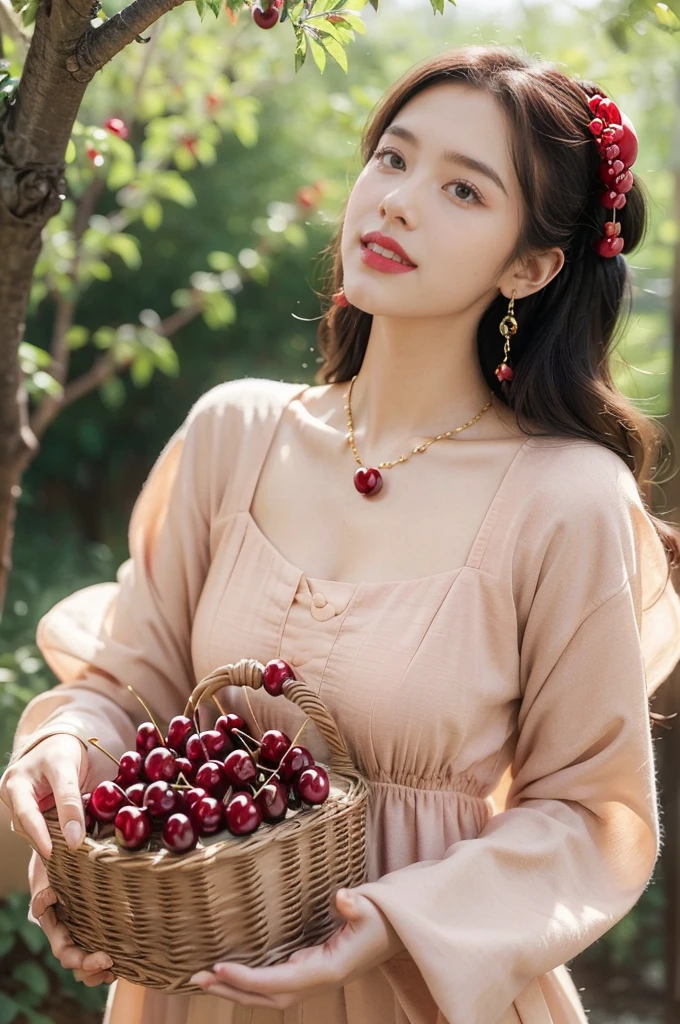 (((best quality))),(((ultra detailed))),(((masterpiece))),illustration,1 beautiful girl,solo,earrings,necklace,medium straight hair,slim,flat chest,red dress,summer,(cherry orchard full of red cherries:1.3),sunlight,dappled light,fair skin,smile,(ripest cherries on the trees:1.3),red lips,chirping birds,soft rustle,peaceful,summer breeze,blush face,hair fluttering,sweet nectar,joy,setting sun,radiant hue,beauty grace,sweetness,basket