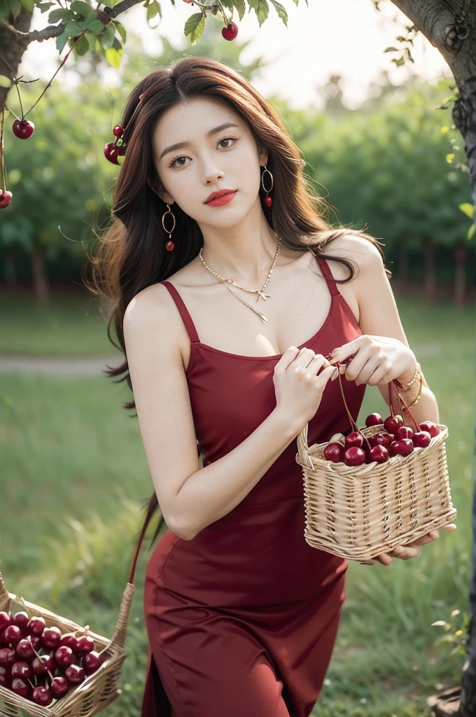 (((best quality))),(((ultra detailed))),(((masterpiece))),illustration,1 beautiful girl,solo,earrings,necklace,medium straight hair,slim,flat chest,red dress,summer,(cherry orchard full of red cherries:1.3),sunlight,dappled light,fair skin,smile,(ripest cherries on the trees:1.3),red lips,chirping birds,soft rustle,peaceful,summer breeze,blush face,hair fluttering,sweet nectar,joy,setting sun,radiant hue,beauty grace,sweetness,basket