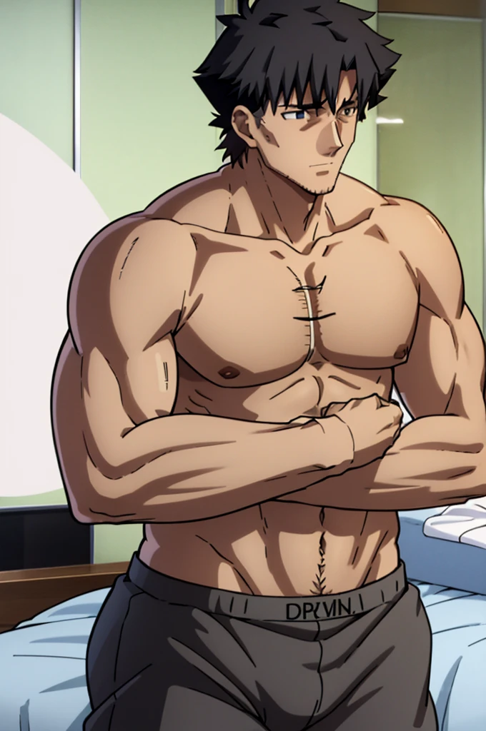 You are facing Kiritsugu Emiya in bed. He is only wearing black Calvin Klein boxers. His body is very muscular; his chest is sweaty, hairy, and massive. He has a serious look on his face, while cuddling.
