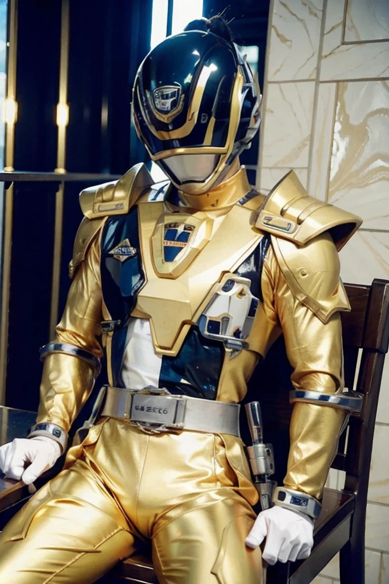 Fantasy background, cafe rpg style, empty chair, table, set of tea glass, (power rangers)), One guy、, ((gold ranger suit)), red and blue chest armor with gold details,   costume, Solo, ((fit figure)), (Anatomically correct), Cowboy shot, masked face, guns, muscular build