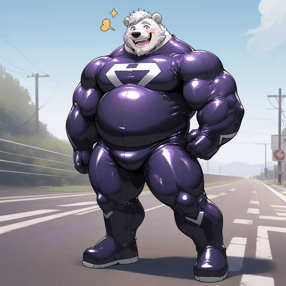 masterpiece, best quality, 8k resolution, Very detailed, hairy,(((polar bear)),(((Mature))),(((beard))),(((Strong))),(((White hair all over body))),(((portrait))),(((White hair))),(((Roadside))),For the audience,(((Purple gel coat))),(((Tight rubber suit))),Highest quality scene,Solitary,solitary,(((whole body))),(((Bare teeth))),(((Hands behind your back))),(((wink expression))),(((Standing with legs apart))),(((Laughing))),((Fat-enclosed muscle)),(((Round face))),(((alone))),(((Strong body))),(((Hip bulge))),(((huge))),(((Super hero))),(((Long legs)))