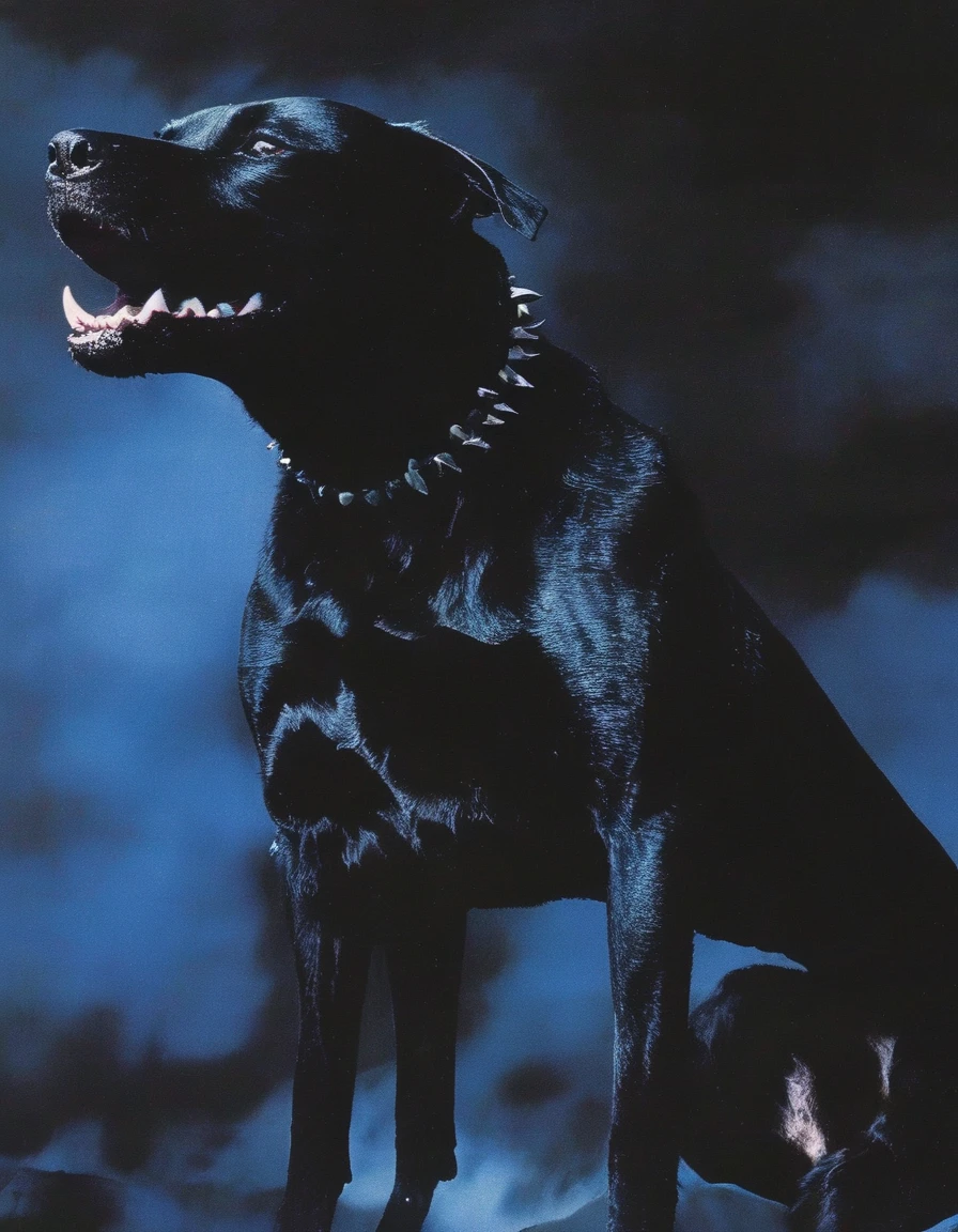  black dog in horror scene, blue background