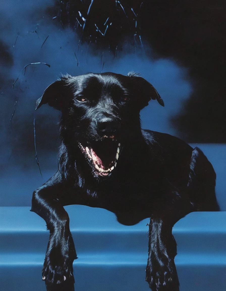 black dog in horror scene, blue background