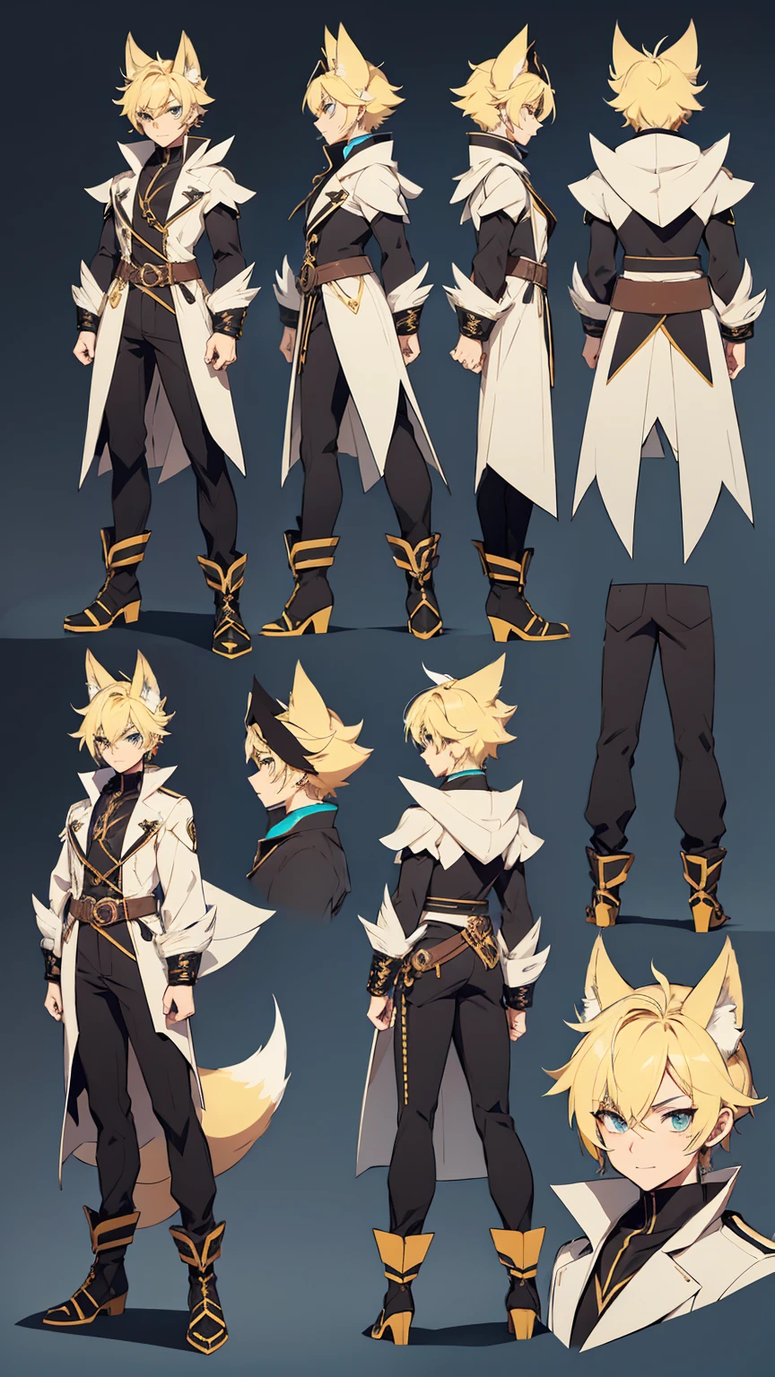 A male stylized character with fox-like features, including large pointed ears and a bushy tail tipped in yellow and using a gauntlet. The character has short blonde hair, blue eyes, and is dressed in a teal cropped jacket, black trousers. ( ( character concept art ) ), anime character design, character adoptable, full body concept, official character art, anime style character, full body character design, anime character art