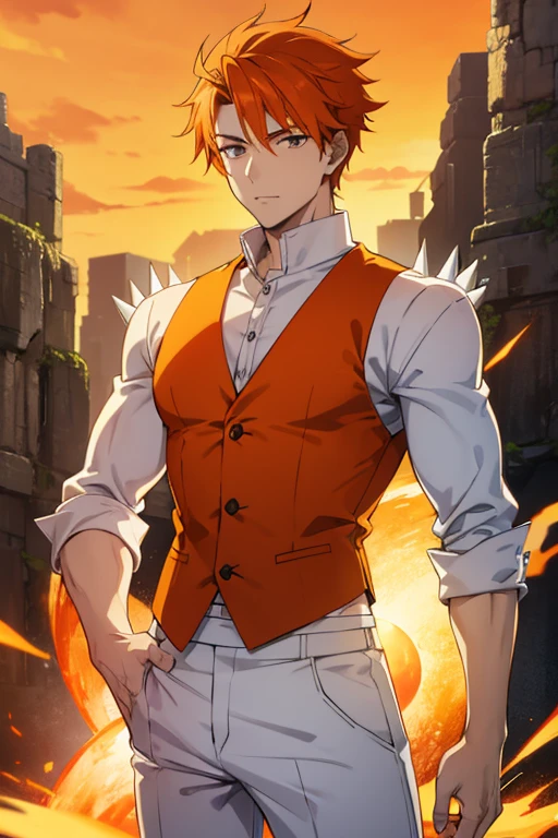 A young man with spiky orange hair,Orange vest,White sarouel pants,whole body,Fantasy,rough appearance