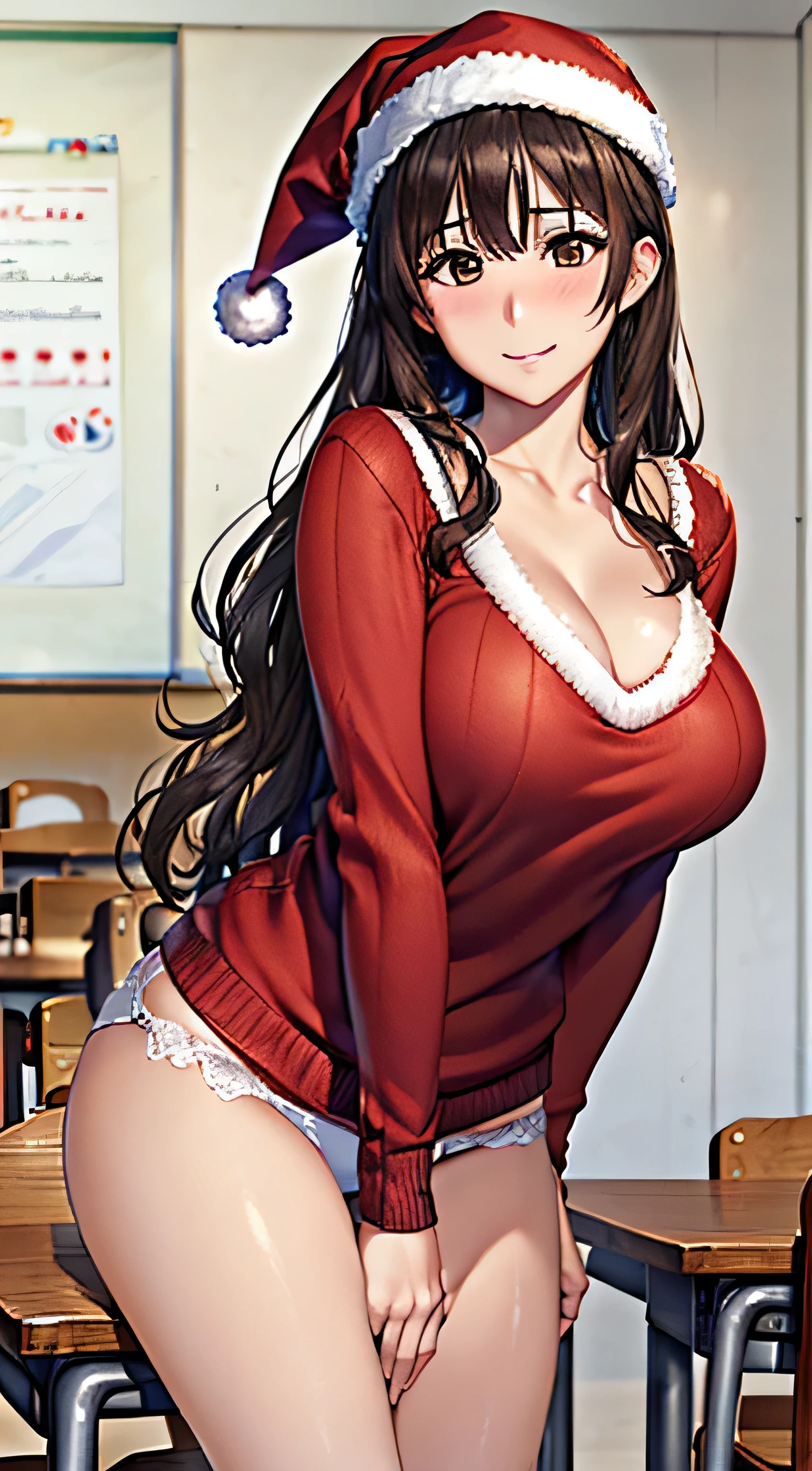 ((Tabletop, Highest quality, High resolution, , Pixel Perfect, 4K,))), 1 female teacher, single, alone, beauty、The whole body is visible、 ((Long Wavy Hair, bangs, Brown Hair)), ((Brown eyes, Beautiful eyelashes, Realistic eyes)), ((Detailed face, Blushing:1.2)), ((Smooth texture:0.75, Realistic texture:0.65, Realistic:1.1, Anime CG Style)), Big Breasts, Dynamic Angle, Perfect body, (( , , Santa Claus Cosplay Hat、 Santa Claus Cosplay Sweater,Floral lace panties 、)), 、、Very embarrassing panic smile, 、、classroom、、、、Sit on a chair、Bring your arms together、 、Angle from below)、