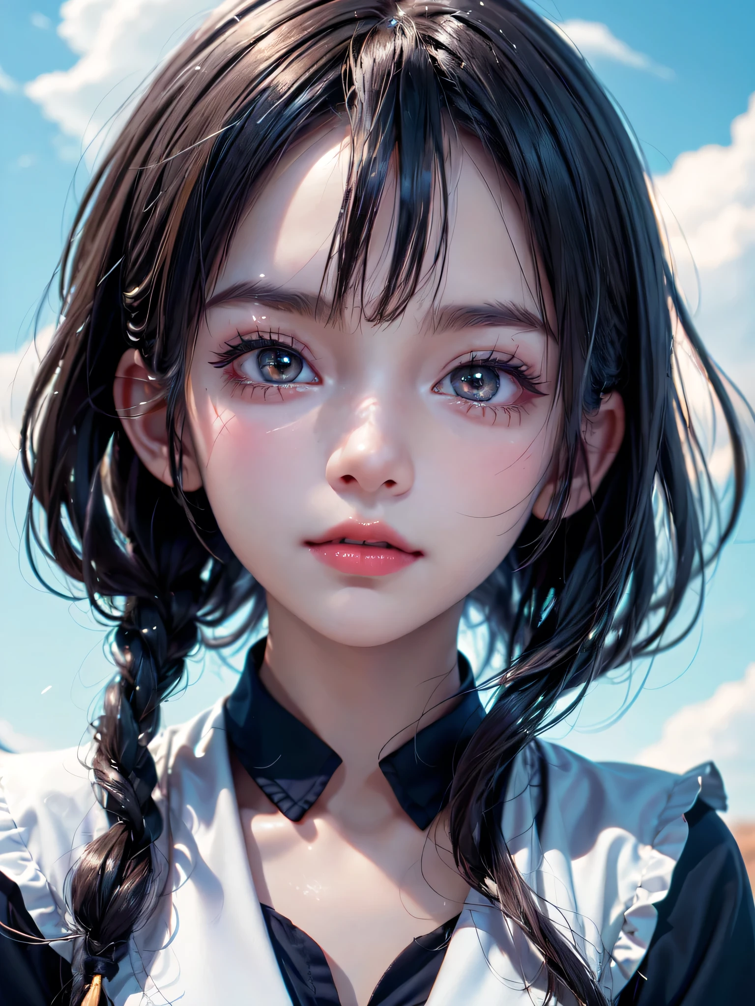 One Girl,(One very cute girl:1.3),masterpiece,Highest quality,High resolution,Photorealistic,RAW Photos,Ray Tracing,beautiful girl,(15 years old:1.3),cute,Big eyes,(detailed pupils:1.2),(The face is facing straight ahead:1.3),Body facing forward,Beautiful nose,Fuller lips,Short black hair,ponytail,short hair,Detailed eyelashes,Thin eyebrows,Very fine grain definition,(Symmetrical eyes:1.3),(Face close-up,Face Focus:1.0),Small breasts,White and navy blue sailor suit,uniform,grassland,Blue sky and white clouds,Portrait,View Viewer,From below,Cinema Lighting,High resolution,Very detailed