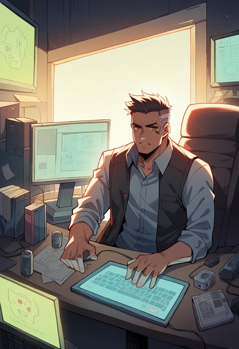 ultra detail, high resolution, ultra detailed, best quality, amazing, top quality, extremely detailed CG unity 8k wallpaper, cinematic lighting, cat fanboy, cyberpunk, dark boy confiante . olhar intimidador . cabelo enrolado. The background of the image is an office with a computer with 2 screens