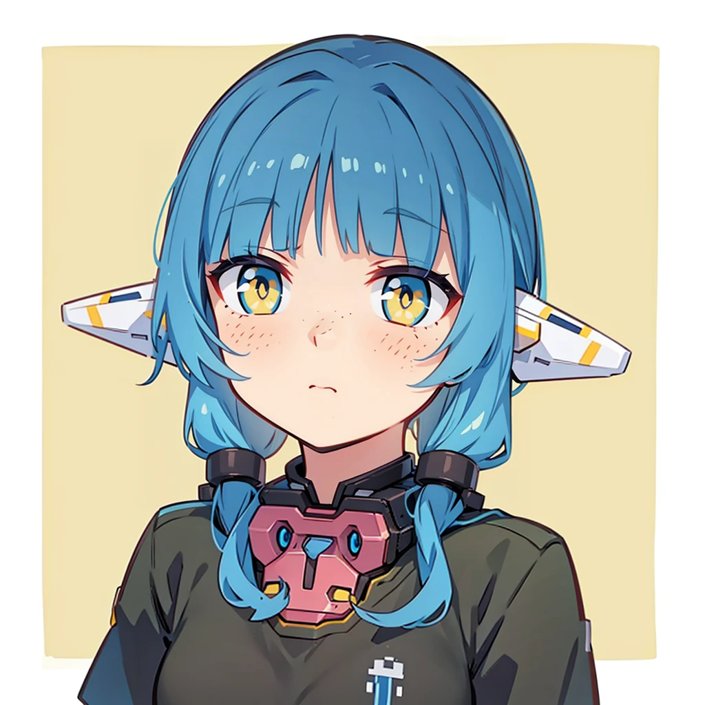 cyborg anime girl, robot ears, blue and yellow eyes, freckles, tsundere