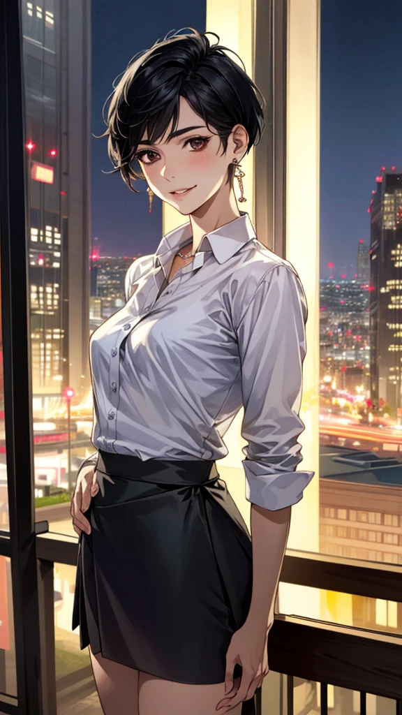 (masterpiece:1.3, Highest quality, Ultra-high resolution, Super detailed), (Realistic, photoRealistic:1.4), Beautiful illustrations, Perfect lighting, colorful, Depth of written boundary,
Beautiful detailed hair, Beautifully detailed face, Beautiful fine details, Beautiful clavicle, Beautiful body, 美しいLarge Breasts, Beautiful thighs, Beautiful feet, Beautiful fingers,
View Viewer、Front view:0.6, Beauty1人, Japanese, Beauty、30 years old, Perfect Face, (Perfect Anatomy, Anatomically correct), Cute and symmetrical face, Baby Face, , Shiny skin,
((Collared shirt:1.4)), ((Wrap Around Skirt:1.3))、
(Black Hair, Short Hair:1.4), Dark brown eyes, Droopy eyes、Large Breasts, Slim body,
necklace, (Small earrings:1.3),
(Beautiful views), (night), (city, cityscape in the distance), Are standing, A soft smile、(Smile, Lips parted),