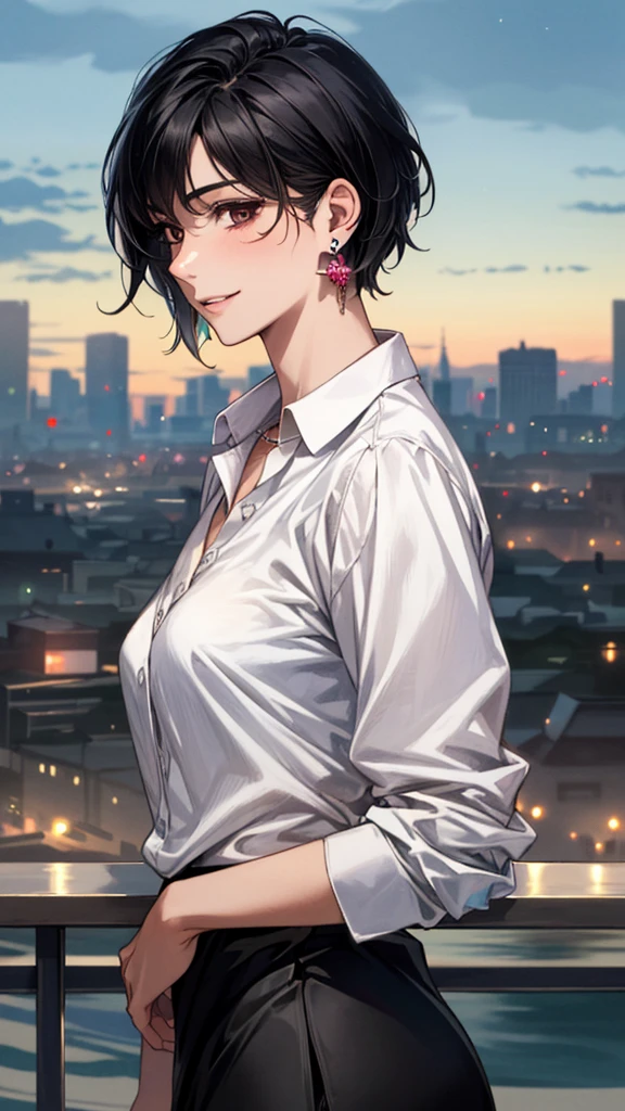 (masterpiece:1.3, Highest quality, Ultra-high resolution, Super detailed), (Realistic, photoRealistic:1.4), Beautiful illustrations, Perfect lighting, colorful, Depth of written boundary, 
Beautiful detailed hair, Beautifully detailed face, Beautiful fine details, Beautiful clavicle, Beautiful body, 美しいLarge Breasts, Beautiful thighs, Beautiful feet, Beautiful fingers, 
View Viewer、Front view:0.6, Beauty1人, Japanese, Beauty、30 years old, Perfect Face, (Perfect Anatomy, Anatomically correct), Cute and symmetrical face, Baby Face, , Shiny skin, 
((Collared shirt:1.4)), ((Wrap Around Skirt:1.3))、
(Black Hair, Short Hair:1.4),  Dark brown eyes, Droopy eyes、Large Breasts, Slim body, 
necklace, (Small earrings:1.3), 
(Beautiful views), (night), (city, cityscape in the distance), Are standing, A soft smile、(Smile, Lips parted), 