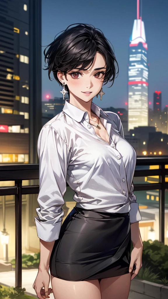 (masterpiece:1.3, Highest quality, Ultra-high resolution, Super detailed), (Realistic, photoRealistic:1.4), Beautiful illustrations, Perfect lighting, colorful, Depth of written boundary,
Beautiful detailed hair, Beautifully detailed face, Beautiful fine details, Beautiful clavicle, Beautiful body, 美しいLarge Breasts, Beautiful thighs, Beautiful feet, Beautiful fingers,
View Viewer、Front view:0.6, Beauty1人, Japanese, Beauty、30 years old, Perfect Face, (Perfect Anatomy, Anatomically correct), Cute and symmetrical face, Baby Face, , Shiny skin,
((Collared shirt:1.4)), ((Wrap Around Skirt:1.3))、
(Black Hair, Short Hair:1.4), Dark brown eyes, Droopy eyes、Large Breasts, Slim body,
necklace, (Small earrings:1.3),
(Beautiful views), (night), (city, cityscape in the distance), Are standing, A soft smile、(Smile, Lips parted),