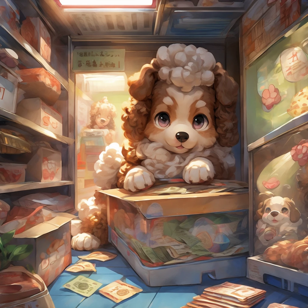 Inside the pet shop、Poodle puppy in a box、Girl paying money