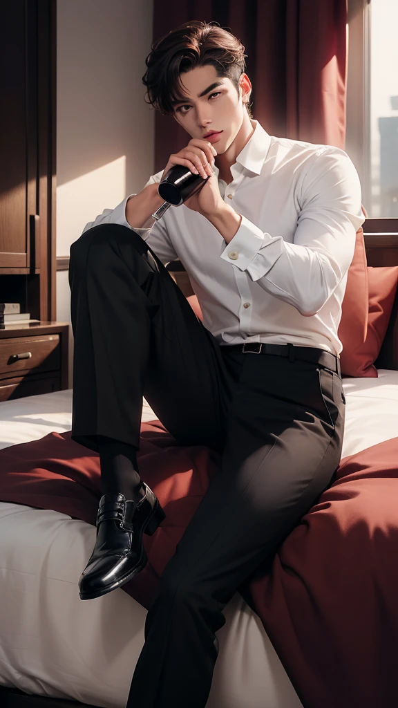 man,handsome,Sitting and sipping wine,white shirt,in the bedroom,luxury house,rich,black-brown hair,black eyes,black pants,high